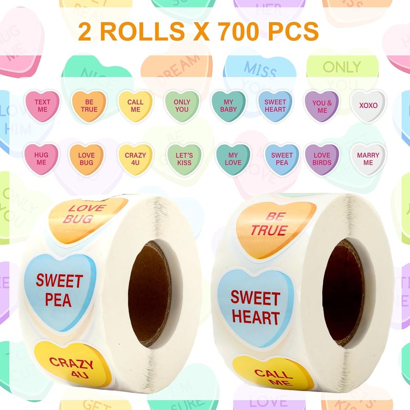 Whaline 1400Pcs Valentine Candy Hearts Stickers Conversation Hearts Stickers Colorful Love Hearts Stickers Assorted Adhesive Labels for Valentines Cards Envelopes DIY Craft Gift Decor - Image 2